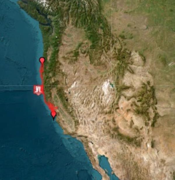 USGS map displaying tsunami warning along the West Coast following 7.0 magnitude earthquake near Eureka, California on Dec. 5, 2024.