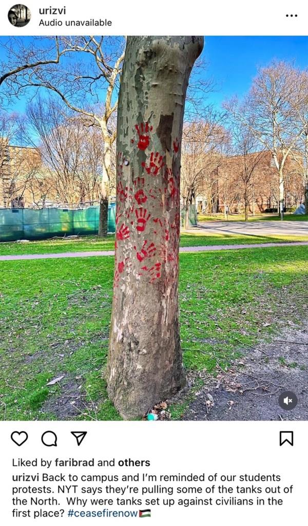 A tree on Pratt Institutes's campus in Brooklyn with red handprints painted on it to protest Israel's war in Gaza. 