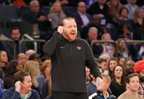 New York Knicks vs Toro<em></em>nto Raptors at Madison Square Garden: Tom Thibodeau head coach of the New York Knicks reacts on the ba<em></em>seline during the first half. 