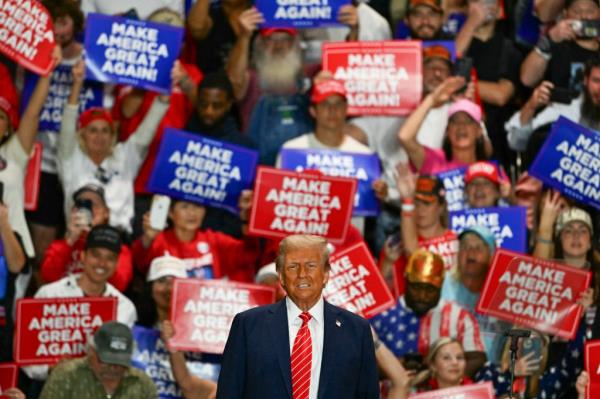 Former US President Do<em></em>nald Trump arriving to speak at a campaign rally in Rocky Mount, North Carolina on October 30, 2024.
