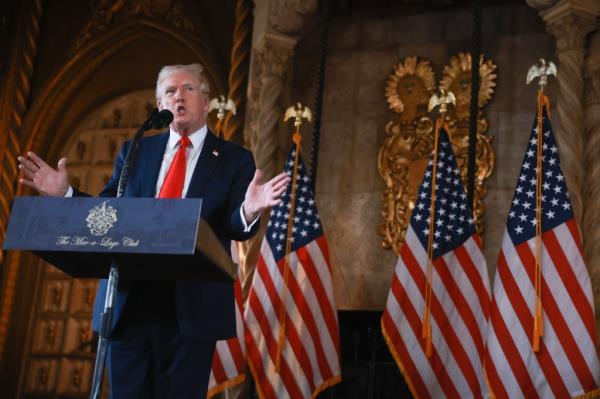 Former President Do<em></em>nald Trump speaking at a press co<em></em>nference at Mar-a-Lago estate in Palm Beach, Florida, during his 2024 presidential campaign