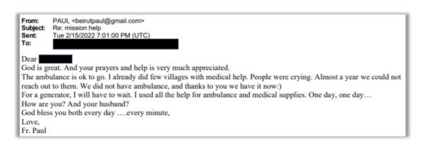 A photo of an email from Bielecki thanking a woman for her do<em></em>nation for an ambulance. In reality, Bielecki had just gone to a 