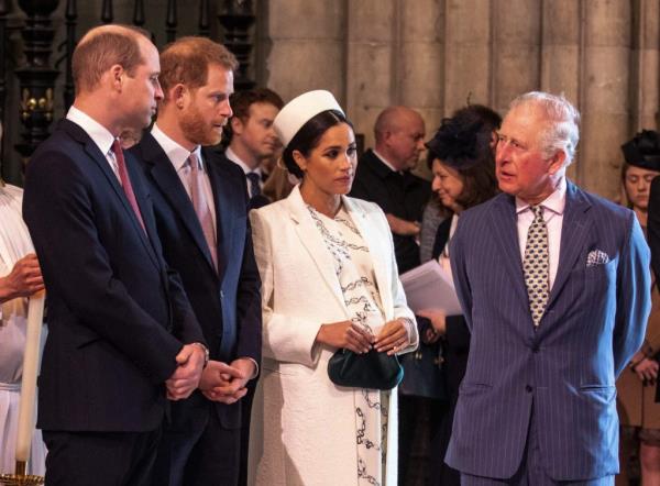 Britain's Meghan, Duchess of Sussex co<em></em>nversing with Prince Charles, while Prince William talks with Prince Harry at the Commo<em></em>nwealth Day service, Westminster Abbey, London, 2019