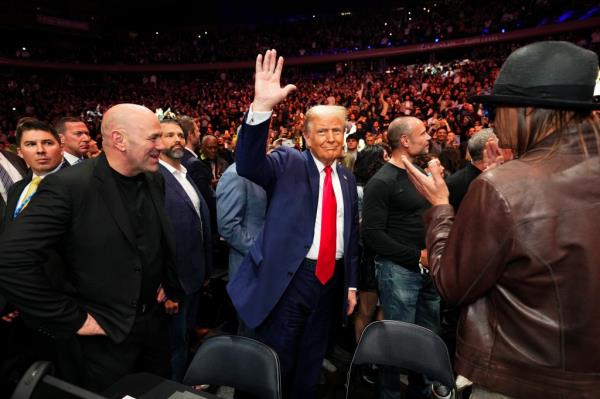 President-elect Do<em></em>nald Trump gestures top the crowd during the UFC 309 event at Madison Square Garden on November 16, 2024 in New York City.