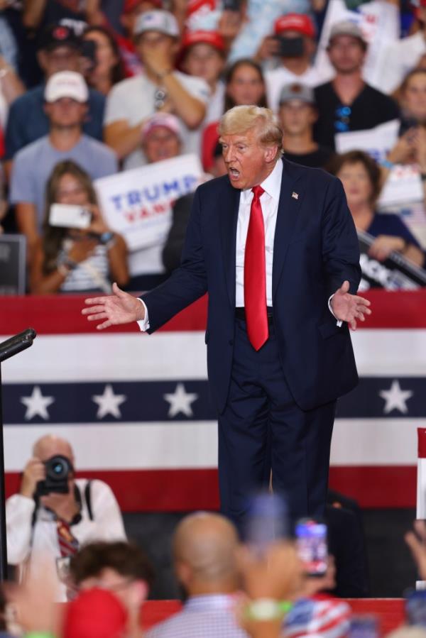 Trump speaks at a campaign rally, Saturday, July 27, 2024, in St. Cloud, Minn.