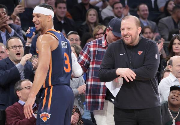 Josh Hart and Tom Thiboeau have a laugh during the fourth quarter of the Knicks' win. 