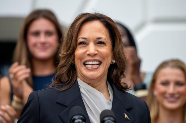 Vice President Kamala Harris speaks during an NCAA champio<em></em>nship teams celebration on the South Lawn of the White House on July 22, 2024 in Washington, DC.