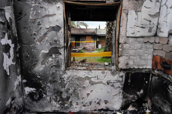 A view from inside the destroyed house of released hostage Amit Soussana, kidnapped on the deadly October 7 attack by Palestinian Islamist group Hamas, at the Kibbutz Kfar Aza,