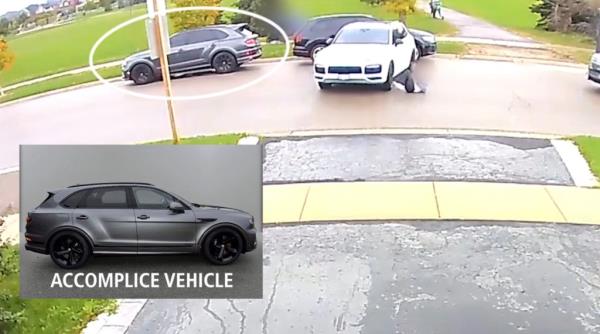 Police said an accomplice parked across from the victim’s home in a gray Bentley Bentayga was also involved in the daytime theft. 