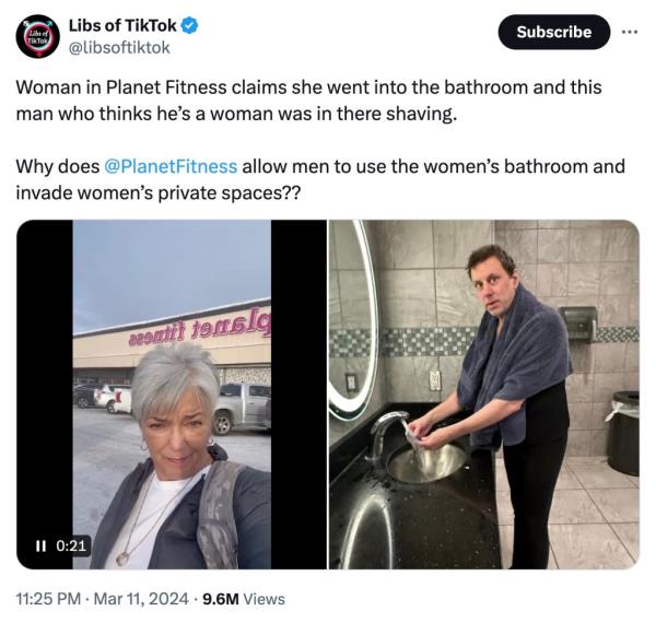 Libs of TikTok post showing Patricia Silva outside of a Planet Fitness location and a photo of the person she allegedly took a photo of