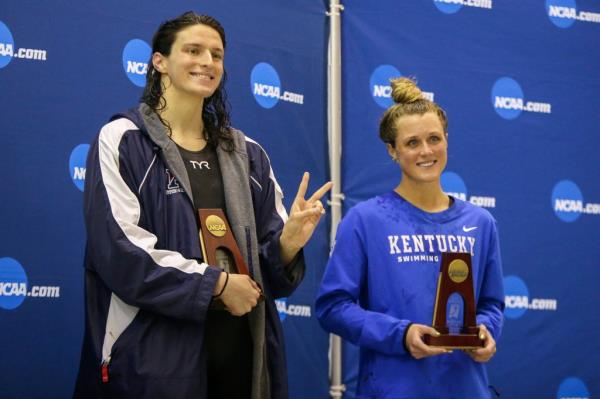 Transgender swimmer Lia Thomas poses next to Riley Gaines.