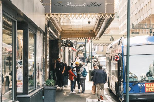 People outside the Roosevelt Hotel in New York 