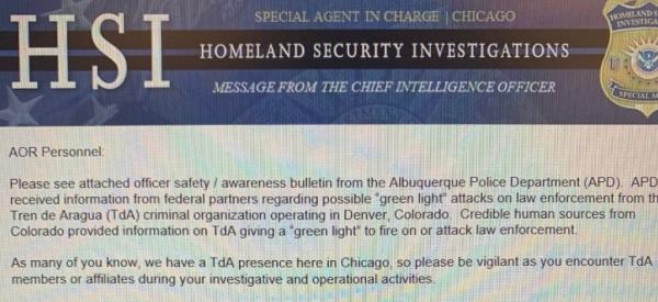 Email memo to Homeland Security officials warning of Tren de Aragua attacks on law enforcement in Denver