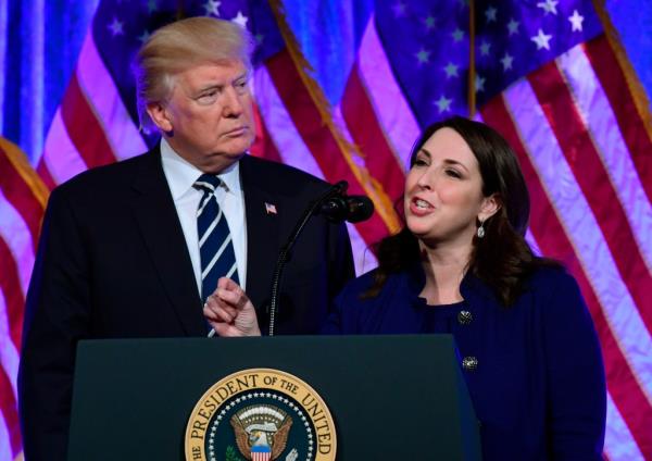 In this Dec. 2, 2017, photo, Republican Natio<em></em>nal Committee chairwoman Ro<em></em>nna Romney McDaniel, speaks at a fundraiser at Cipriani in New York, with President Do<em></em>nald Trump.
