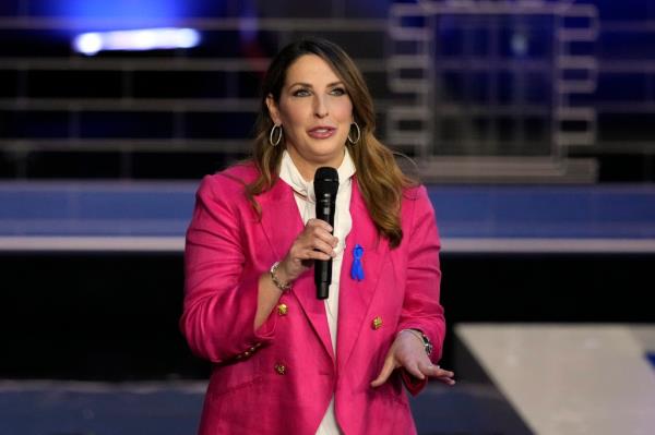 Ro<em></em>nna McDaniel speaks before a Republican presidential primary debate hosted by NBC News.