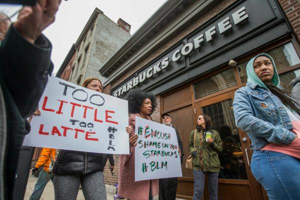 Protestors outside the Starbucks