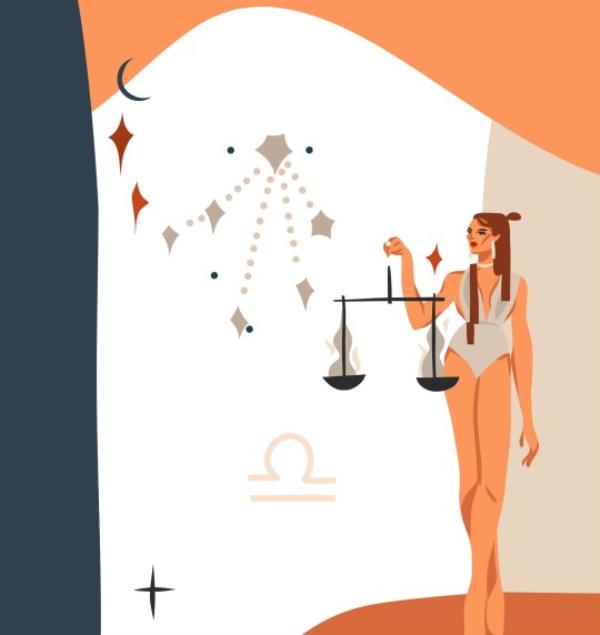 Hand drawn vector abstract stock graphic simple astrology celestial illustration art with modern,collage artistic co<em></em>ntemporary print template of boho zodiac sign Libra with female character.