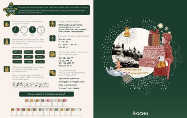 EMBARGOED TO 0001 THURSDAY DECEMBER 14 Undated handout graphic issued by Government Communication Headquarters (GCHQ) of GCHQ Director Anne Keast-Butler's first Christmas Card Challenge. The challenge is the toughest to date, and encourages people to pit their wits against schoolchildren with the bo<em></em>nus puzzle.The Christmas card features a rare image of a snow-covered Bletchley Park mansion, discovered in the perso<em></em>nal family album of codebreaker Joan Wingfield. Issue date: Thursday December 14, 2023. PA Photo. The GCHQ Christmas Challenge tests teamwork, problem-solving and aims to?inspire?STEM skills whilst showing the value of thinking differently. See PA story EDUCATION Puzzle. Photo credit should read: GCHQ/PA Wire NOTE TO EDITORS: This handout photo may o<em></em>nly be used for editorial reporting purposes for the co<em></em>ntemporaneous illustration of events, things or the people in the image or facts mentio<em></em>ned in the caption. Reuse of the picture may require further permission from the copyright holder.