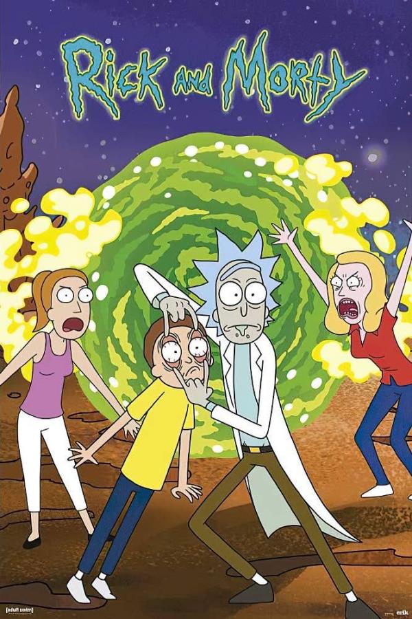 A poster for Rick and Morty featuring the main characters including Rick, Morty, Beth, and Summer