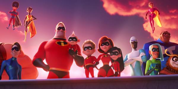 The Parr family and other superheroes standing triumphantly in The Incredibles 2