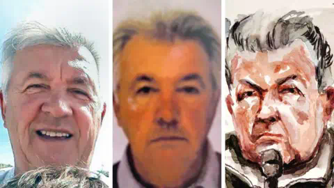 BBC A composite image showing a family photo of Dominique Pelicot, a man with grey hair smiling at the camera; then a mugshot or passport photo wher<em></em>e he is looking at the camera with a blank ex<em></em>pression; and a court sketch of him speaking into a microphone.